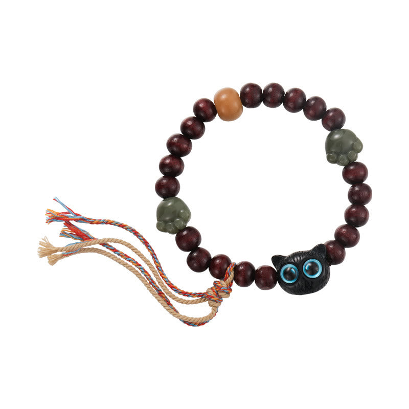 Buddha Stones, Ebenholz, hübsches Katzen-Jade-Pfoten-Friedens-Quasten-Holz-Armband