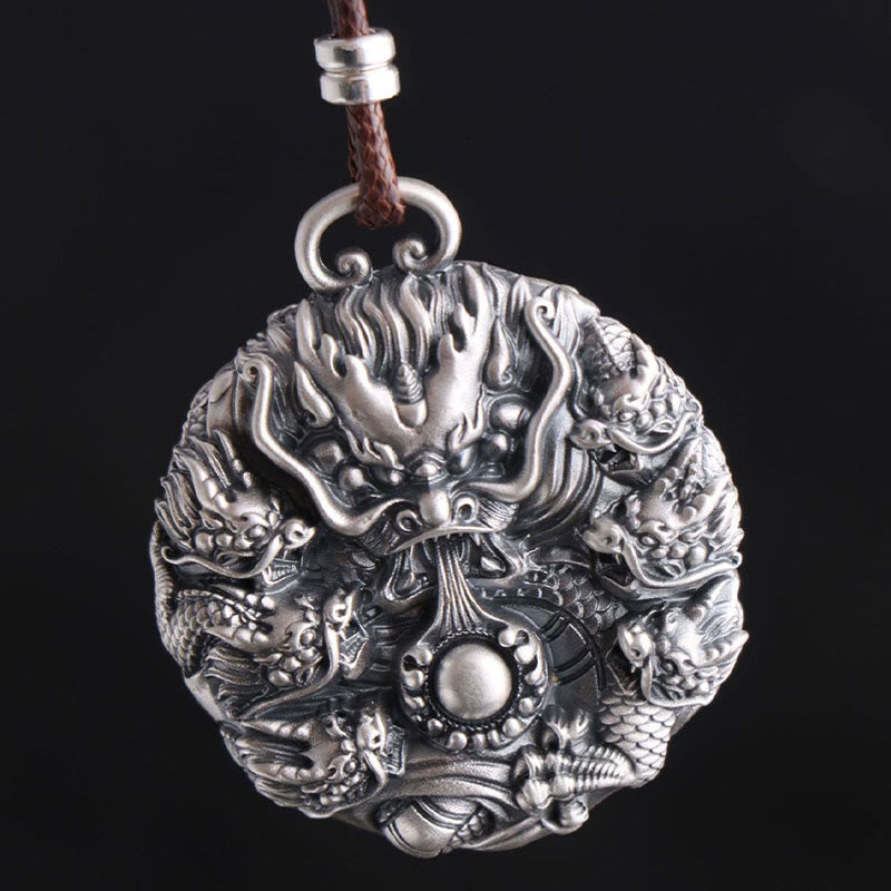 Buddha Stones 999 Sterling Silber Neun Drachen spielen mit einer Perle Glücksschutz Halskettenanhänger