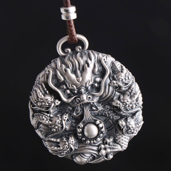 Buddha Stones 999 Sterling Silber Neun Drachen spielen mit einer Perle Glücksschutz Halskettenanhänger