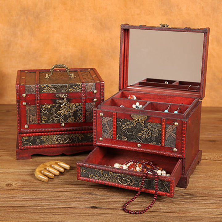 Buddha Stones, Vintage-Schmuckkästchen, goldene Traube, handgefertigt, Massivholz, Schmuckaufbewahrungsbox mit Spiegel