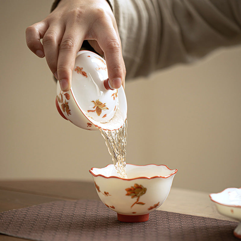 Buddha Stones Weiß Porzellanblumen Keramik Gaiwan Sancai Teetasse Kung Fu Teetasse und Untertasse mit Deckel