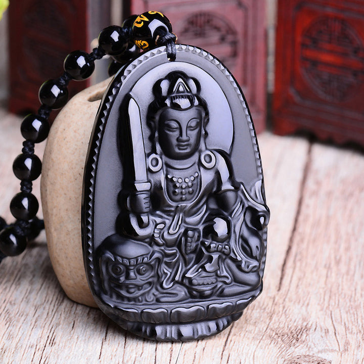 Buddha Stones, chinesisches Sternzeichen, Obsidian, Buddha-Amulett, Schutz-Anhänger-Halskette