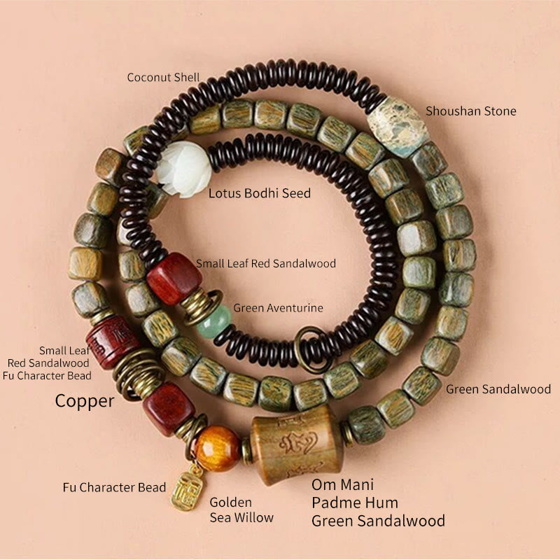 Buddha Stones, grünes Sandelholz, Ebenholz, Om Mani Padme Hum, graviertes Friedens-Dreifach-Wickelarmband