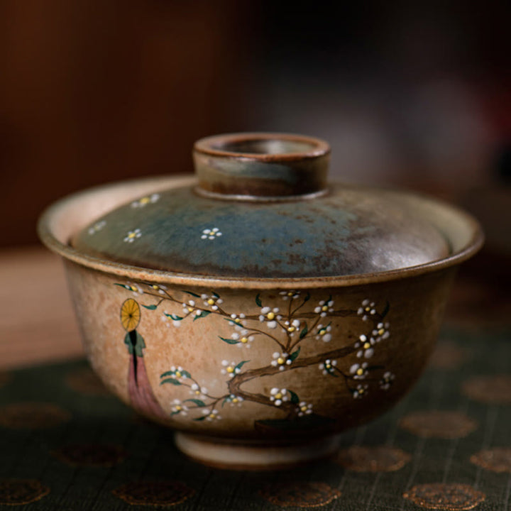 Buddha Stones, Jingdezhen, handbemalt, Ru-Ofen-Porzellan, Hanfu-Mädchen, Blume, Keramik, Gaiwan, Sancai, Teetasse, Kung-Fu-Teetasse und Untertasse mit Deckel