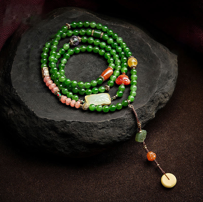 Buddha Stones 108 Mala Perlen Cyan Jade Roter Achat Lachender Buddha Glücksarmband