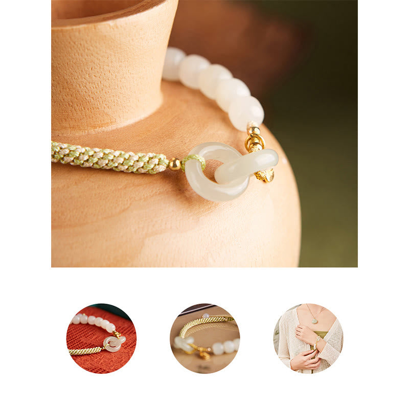 Buddha Stones Natürliche Hetian Jade Perle Doppelte Friedensschnalle Fu Charakter Fülle Geflochtenes Armband