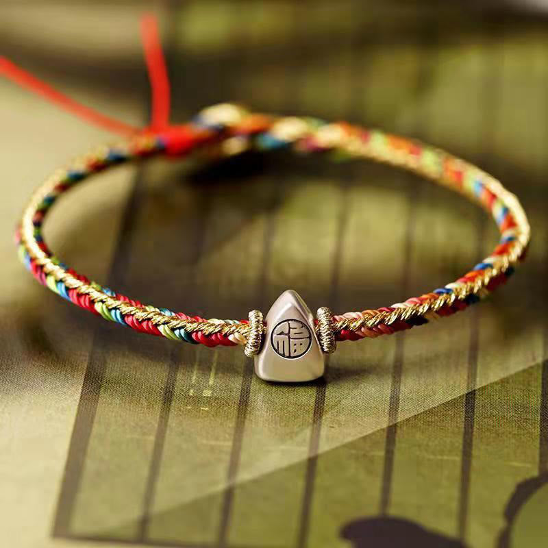 Buddha Stones 925 Sterling Silber Fu Charakter Zongzi Muster Mehrfarbige Schnur Glück Handgefertigtes geflochtenes Armband