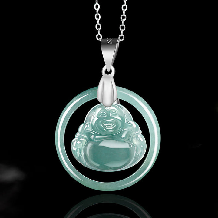 Buddha Stones 925 Sterling Silber natürliche Jade rund lachender Buddha Fülle Kette Halskette Anhänger