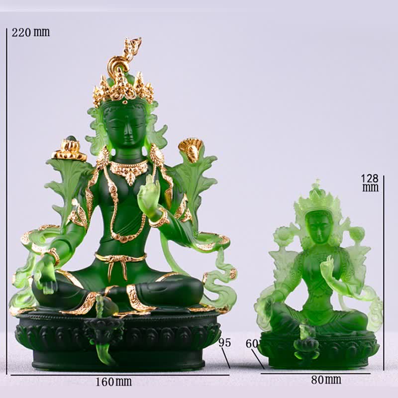 Bodhisattva Grüne Tara, handgefertigt, Liuli-Kristall, Kunststück, Schutz, Heimbüro, Statue, Dekoration