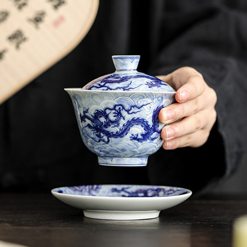 Buddha Stones, blaues und Weiß Drachenmuster, Porzellan, Gaiwan-Sancai-Teetasse, Kung-Fu-Teetasse und Untertasse mit Deckel