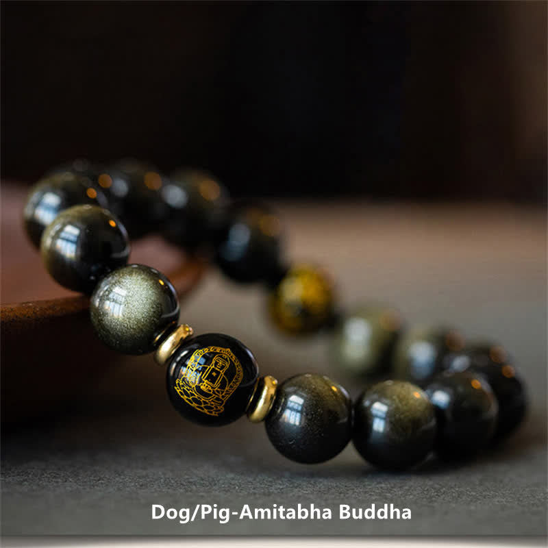 Chinesisches Tierkreis-Natal-Buddha-Goldglanz-Obsidian-Armband zum Schutz des Reichtums