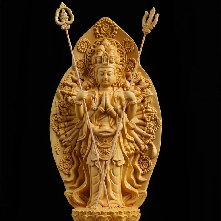 Buddha Stones, handgefertigt, tausendarmiger Avalokitesvara-Kwan-Yin-Bodhisattva-Statue, Buchsbaum, Fülle, Heimdekoration