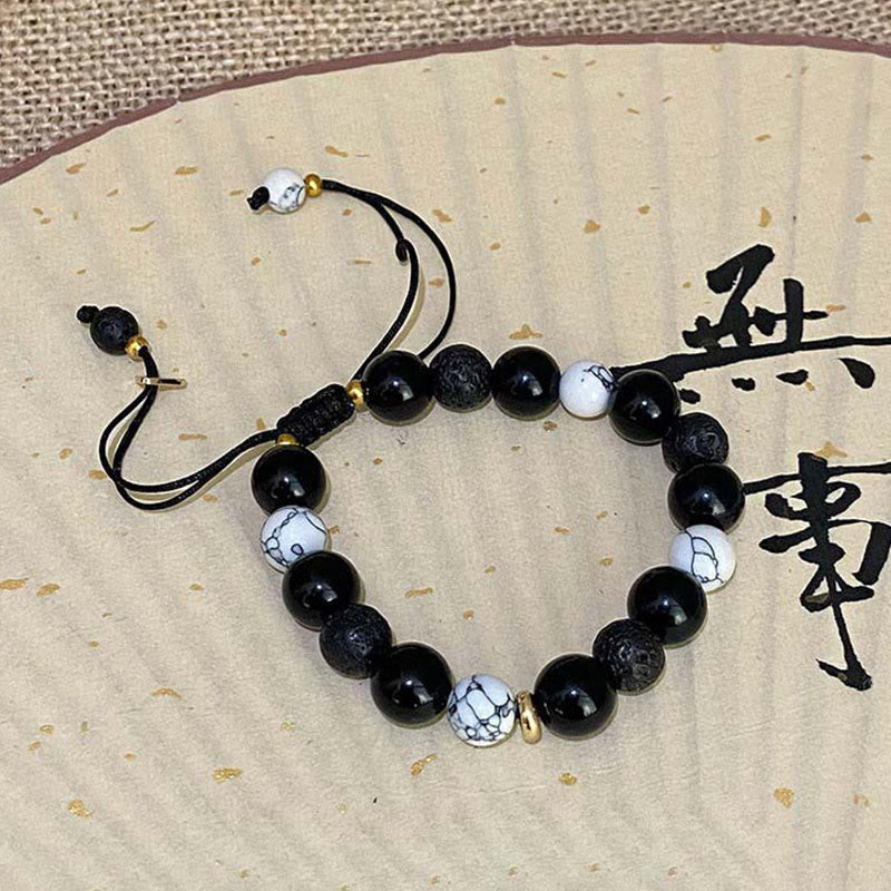 Buddha Stones Armband aus schwarzem Obsidian, Lavastein, Yin-Yang-Stärke