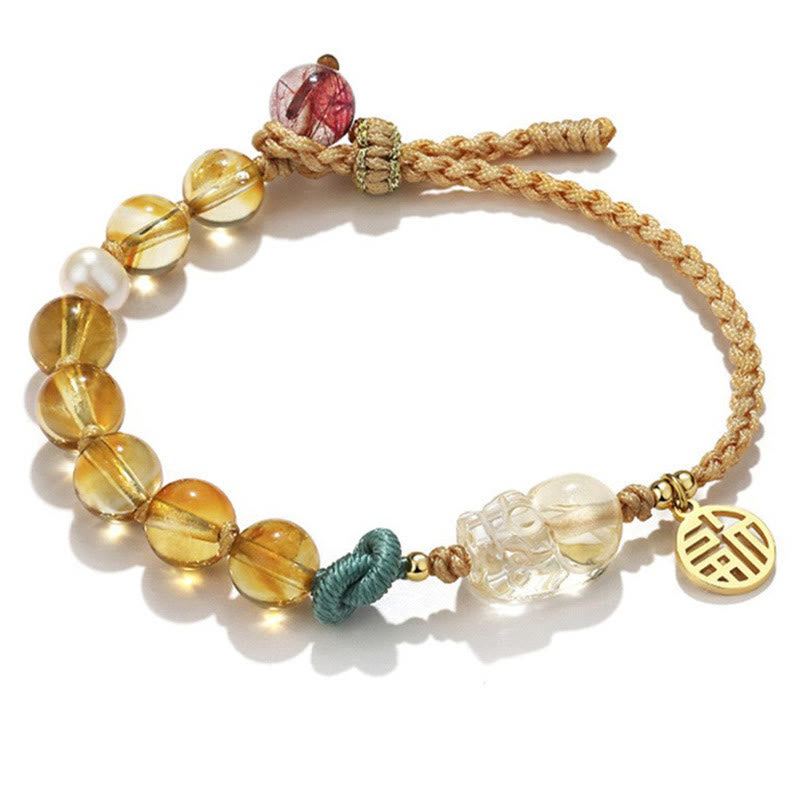 Buddha Stones Citrin PiXiu Fu Charakter Wohlstand String geflochtenes Armband