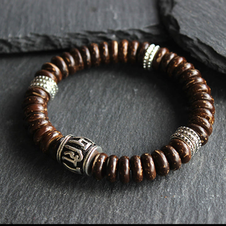 Buddha Stones Natürliches tibetisches Om Mani Padme Hum Positive Armband aus Kokosnussschale