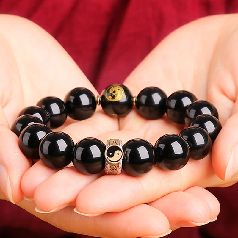 Buddha Stones 925 Sterling Silber Schwarz Obsidian Gold Glanz Obsidian Silber Glanz Obsidian Yin Yang Schutzarmband