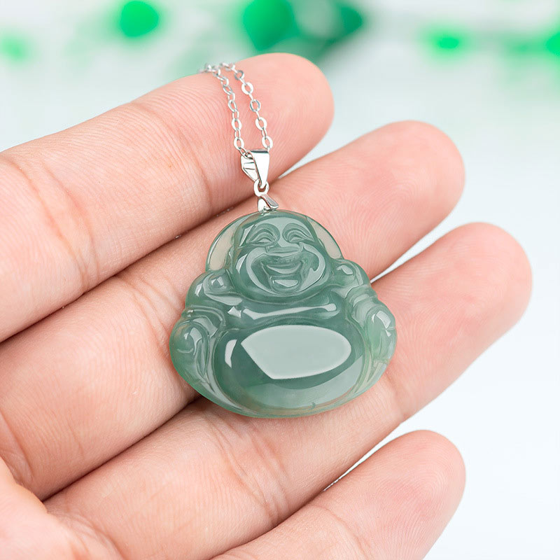 Buddha Stones 925 Sterling Silber Lachender Buddha Jade Schutz Ruhe Halskette Kettenanhänger