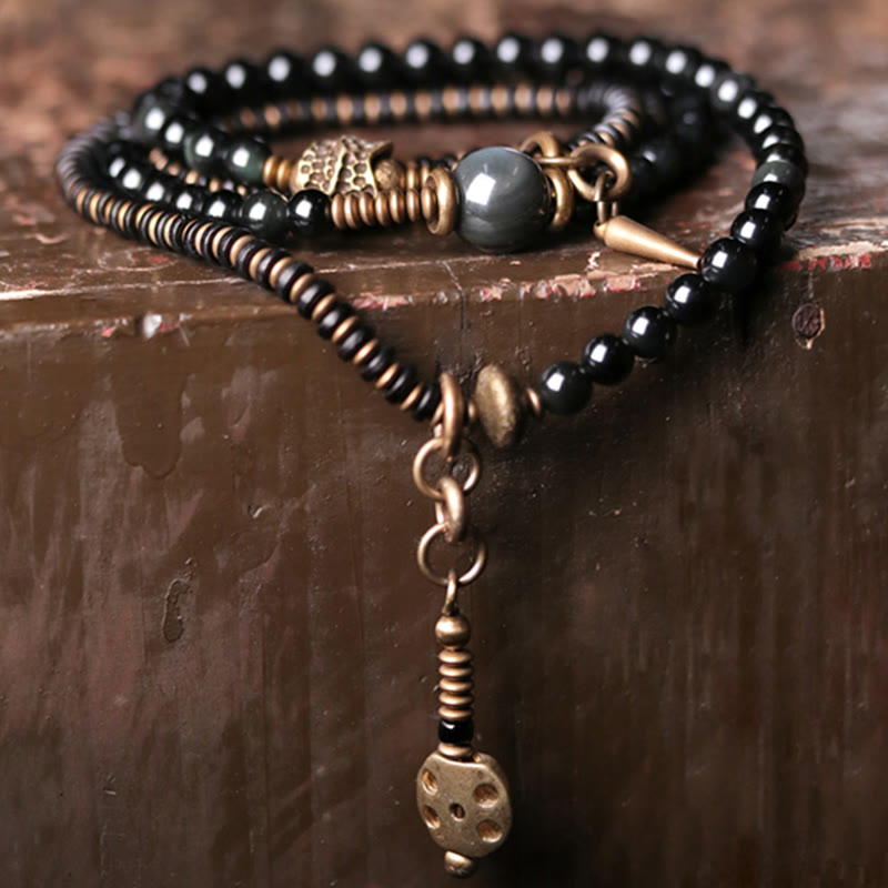 Buddha Stones Regenbogen-Obsidian-Ebenholz-Kupfer-positives mehrschichtiges Armband