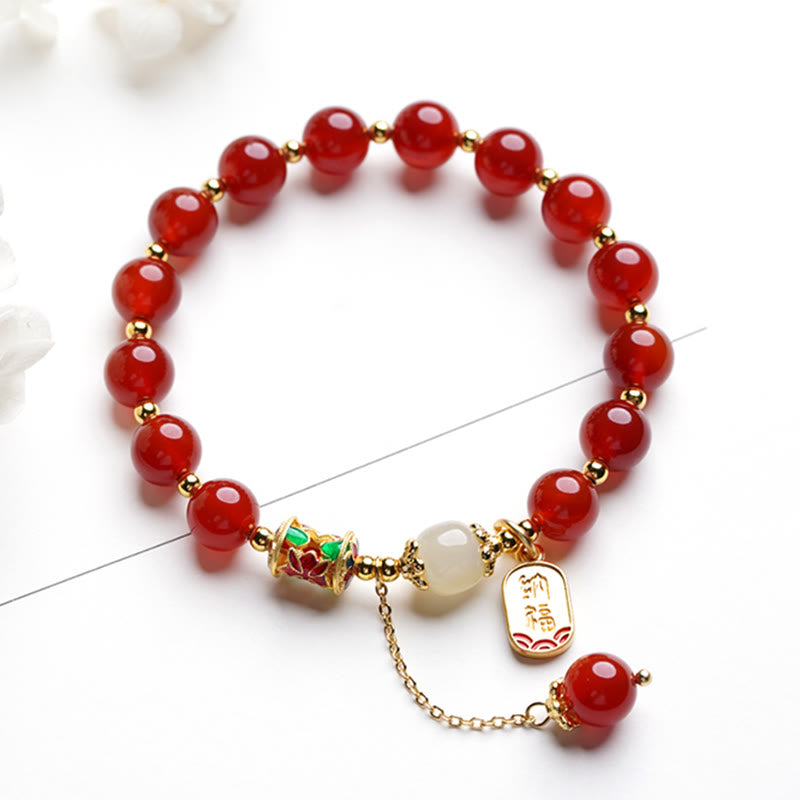 Buddha Stones Natürliches rotes Achat-Hetian-Jade-Fu-Charm-Charm-Armband