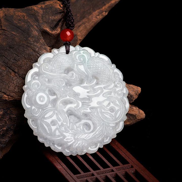 Buddha Stones Weiß Jade-Drachenschutz-Halsketten-Anhänger