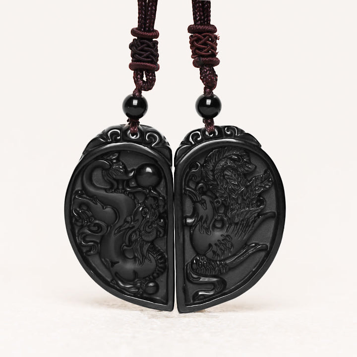 Buddha Stones Schwarzer Obsidian Liebe Drache Phönix Schutz Halskette Anhänger