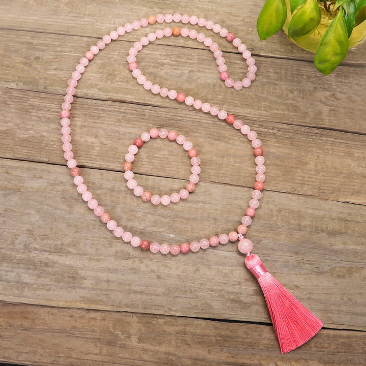 108 Mala-Perlen, rosa Kristall-Liebesquasten-Armband