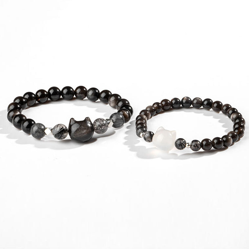 Buddha Stones Natürliches silberglänzendes Obsidian-Armband zum Schutz des niedlichen Katzenkopfes