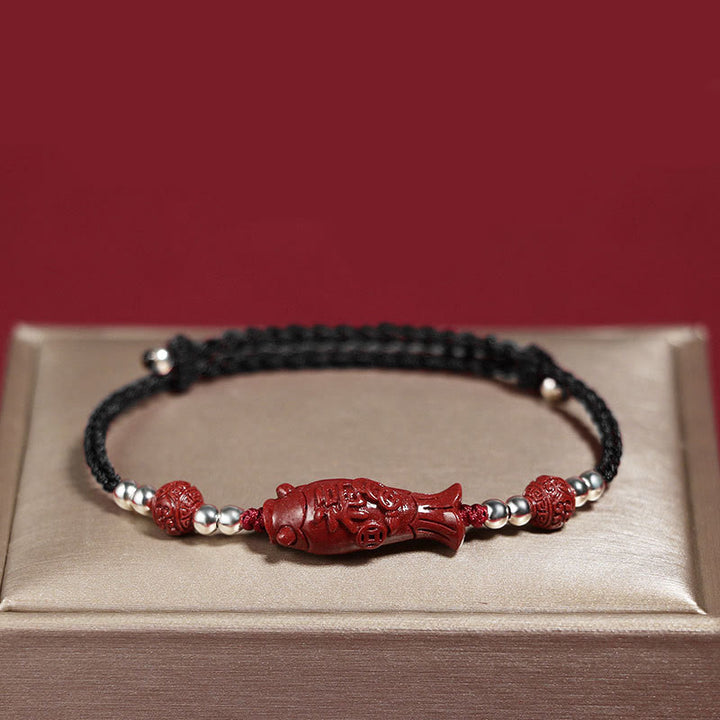 Buddha Stones 925 Sterling Silber Koi Fisch Zinnober Fu Charakter Kupfer Münze Reichtum geflochtenes Armband