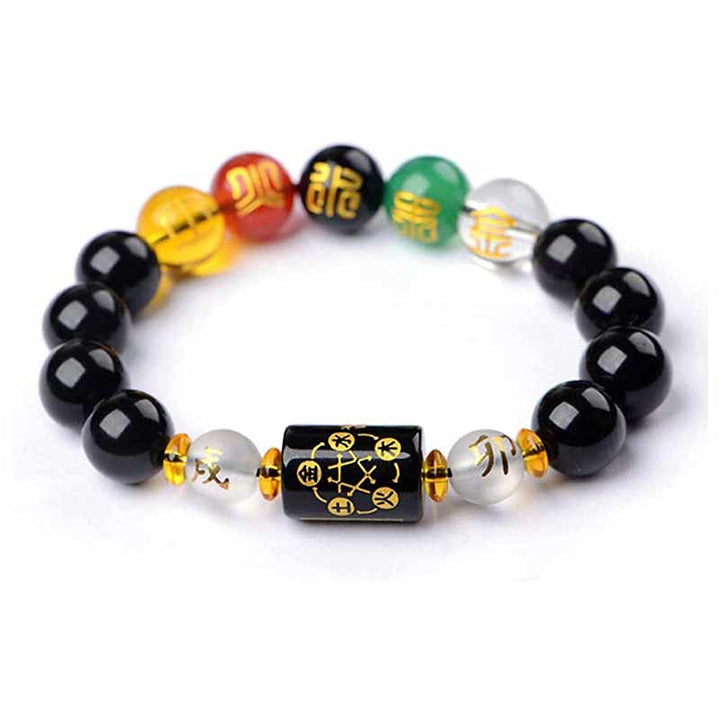 Buddha Stones Chinesisches Sternzeichen Feng Shui Obsidian Fünf-Elemente-Armband Reichtum Porsperity