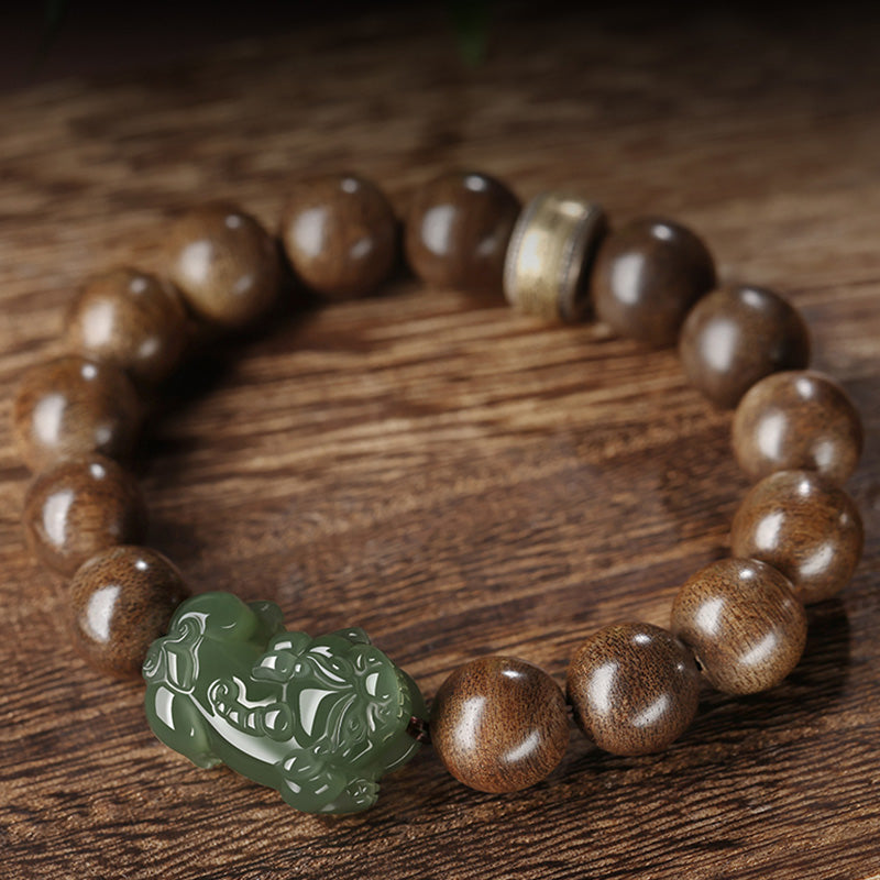 Buddha Stones 925 Sterling Silber Brunei Agarwood PiXiu Jade Peace Strength Armband