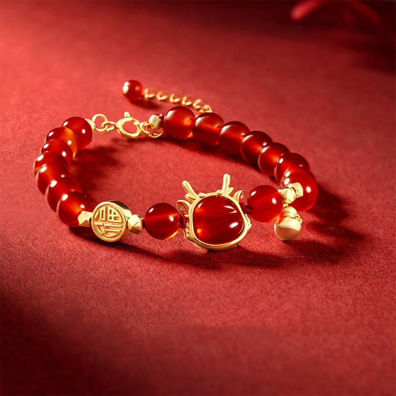 Buddha Stones 925 Sterling Silber vergoldet 18 K Gold Jahr des Drachen natürlicher roter Achat Fu Charakter Kürbis Kupfer Münze Erfolg Armband Halskette Anhänger