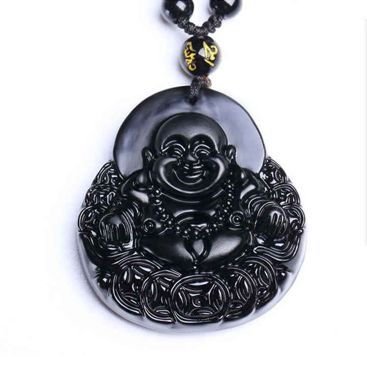 Buddha Stones Lachender Buddha Schwarzer Obsidian Kraftschutz Anhänger Halskette