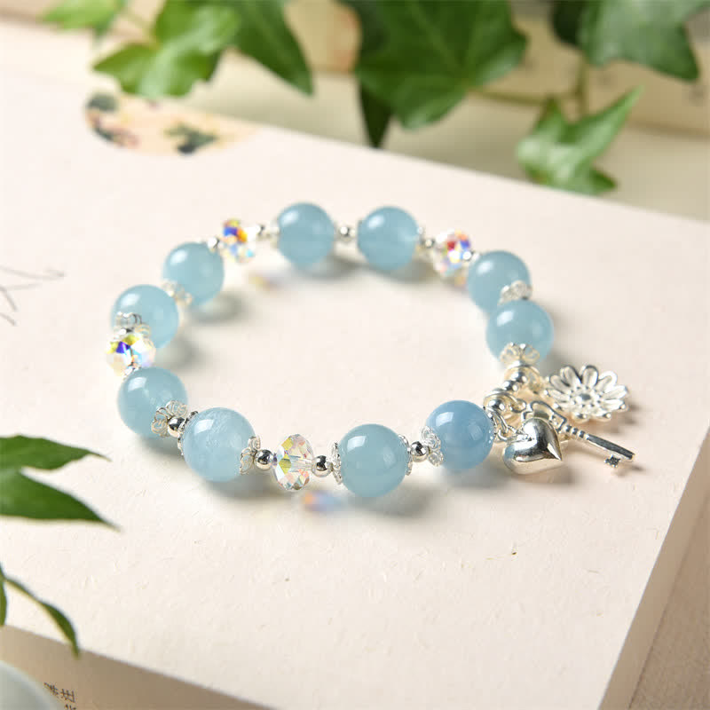 925 Sterling Silber natürliches Aquamarin Serenity Flower Love Schlüsselanhänger-Armband