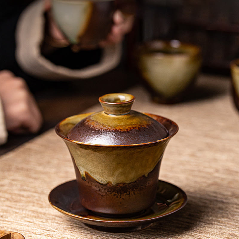 Buddha Stones Vintage Brown Kiln Change Design Porzellan Keramik Gaiwan Sancai Teetasse Kung Fu Teetasse und Untertasse mit Deckel