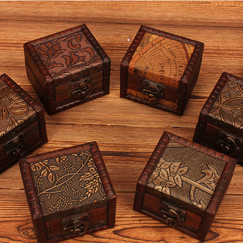 Buddha Stones Retro Kleine Quadratische Holz Schmuck Box Lotus Gras Blume Traube Kupfer Münze Narzisse Schmuck Lagerung Box