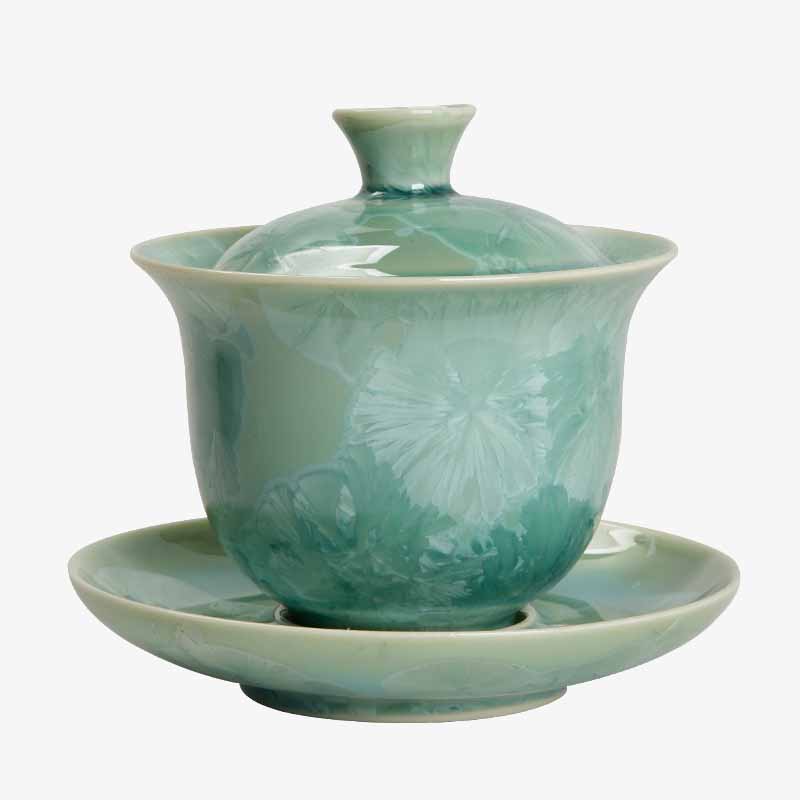 Buddha Stones Traditionelle glasierte Keramik Gaiwan Sancai Teetasse Kung Fu Teetasse und Untertasse mit Deckel 180 ml