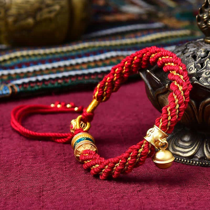 Tibetisches handgefertigtes Glücksschutz-Thangka-Gebetsrad mit Glocke, geflochtenes Armband