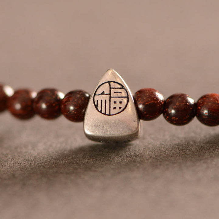 Buddha Stones, 925er-Sterlingsilber, indisches kleines Blatt, rotes Sandelholz, Fu-Charakterschutz, dreifach gewickeltes Armband