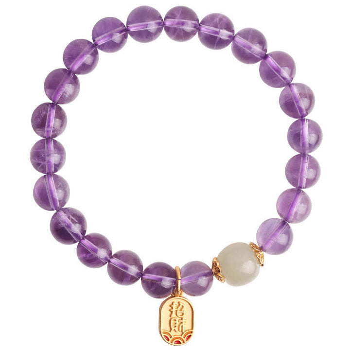 Buddha Stones Natürliches Amethyst-Kristall-Hetian-Jade-Heilungs-Charm-Armband