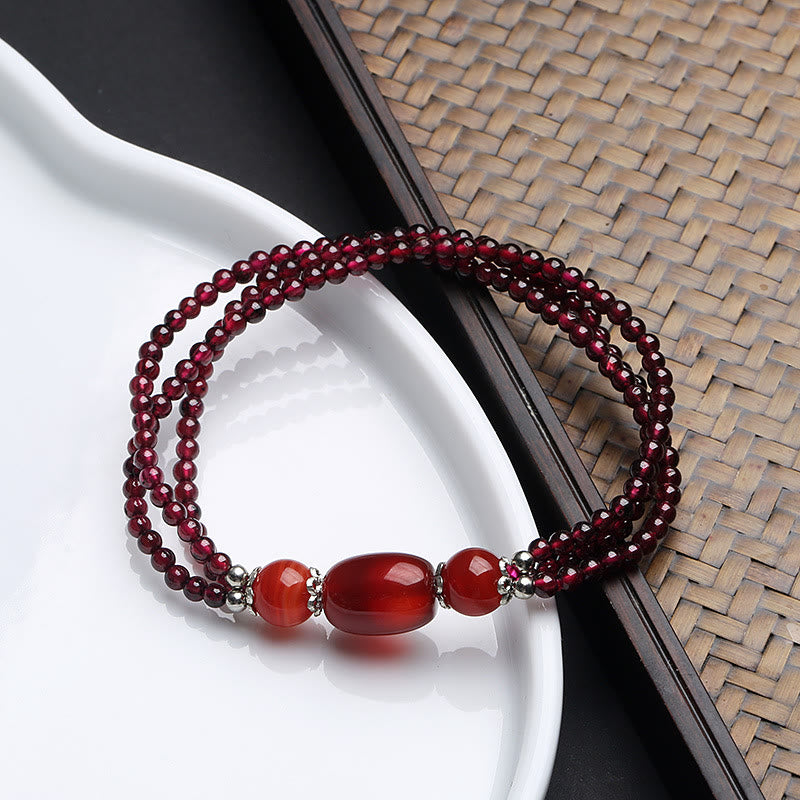 Buddha Stones Natürliches Granat-Rot-Achat-Schutz-Dreischicht-Armband