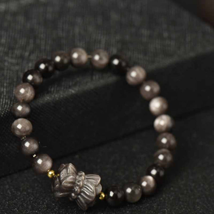 Buddha Stones Silber glänzendes Obsidian Lotusblume Neunschwänziger Fuchs Lachender Buddha Schutzarmband