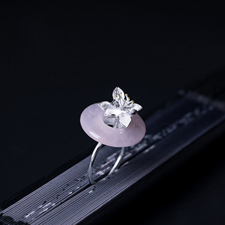 925 Sterling Silber Rosa Kristall Aventurin Lotus Balance Ring