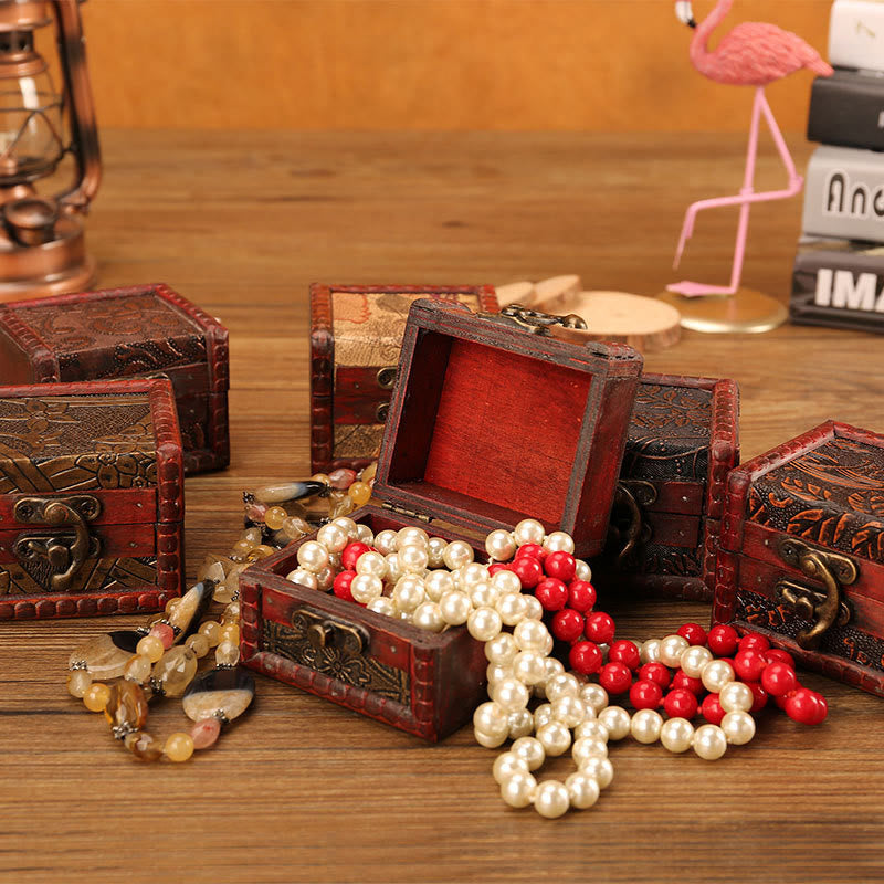 Buddha Stones Retro Kleine Quadratische Holz Schmuck Box Lotus Gras Blume Traube Kupfer Münze Narzisse Schmuck Lagerung Box