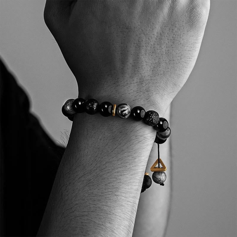 Buddha Stones Armband aus schwarzem Obsidian, Lavastein, Yin-Yang-Stärke