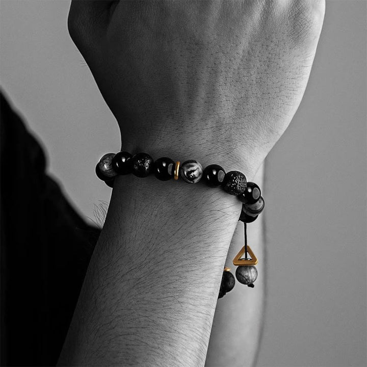 Buddha Stones Armband aus schwarzem Obsidian, Lavastein, Yin-Yang-Stärke