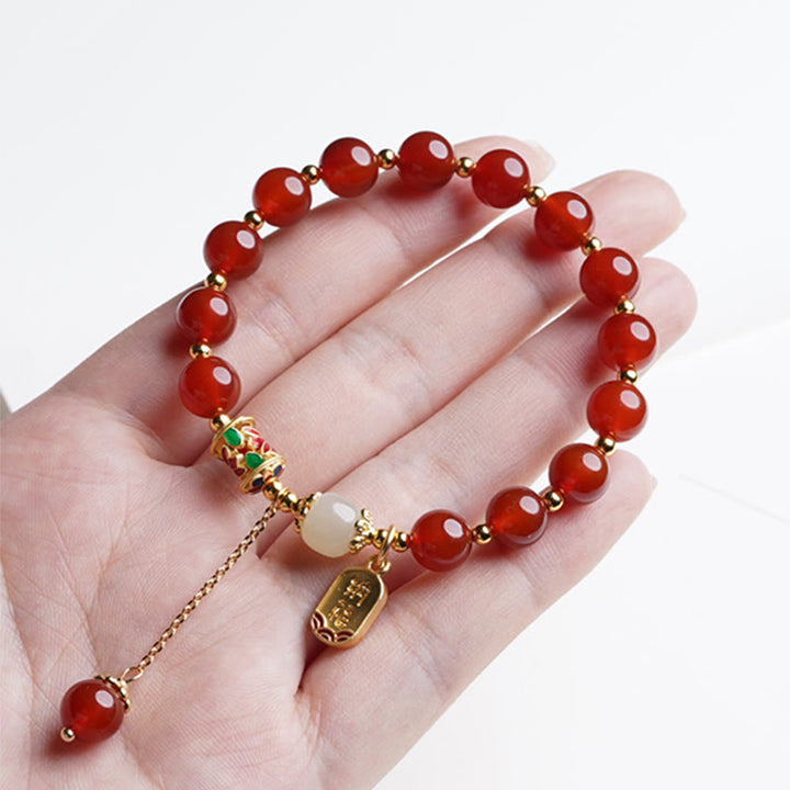 Buddha Stones Natürliches rotes Achat-Hetian-Jade-Fu-Charm-Charm-Armband