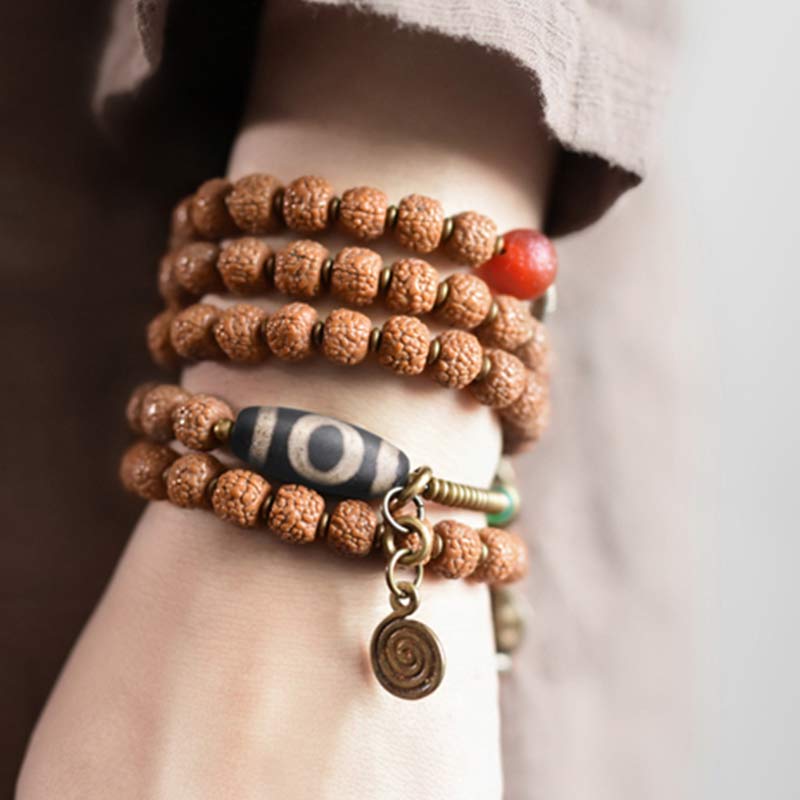 108 Mala Rudraksha-Perlen, Bodhi-Samen, Dzi-Perlen, Glücksverheißung, Quastenarmband