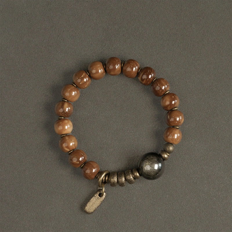 Armband mit Buddha Stonesn, Kuka-Samen, Tigerauge, Goldglanz, Obsidian, Kupfer, Reichtum, Glück