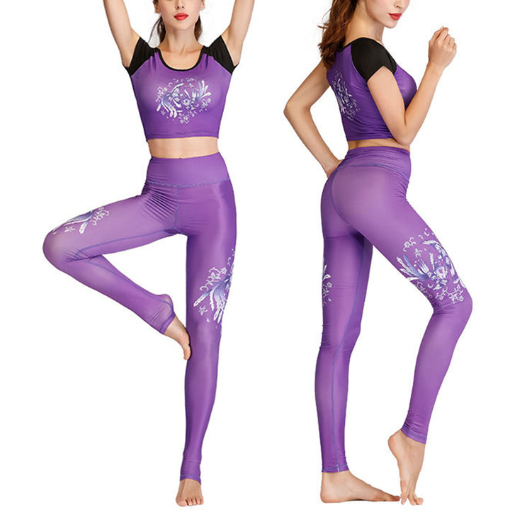 Buddha Stones 2 Stück Lotus Phoenix Frühlingsblumen Pfau Top Hosen Sport Fitness Yoga Damen Yoga Sets