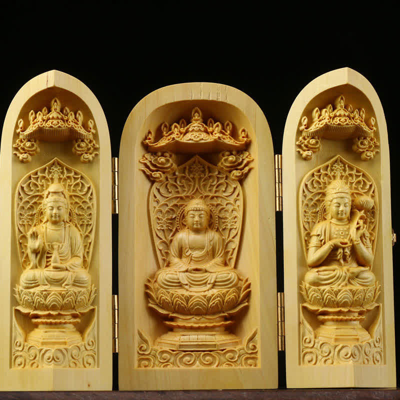 Handgeschnitzter tragbarer Buddha-Buchsbaum-Serenity-Home-Deko-Altar